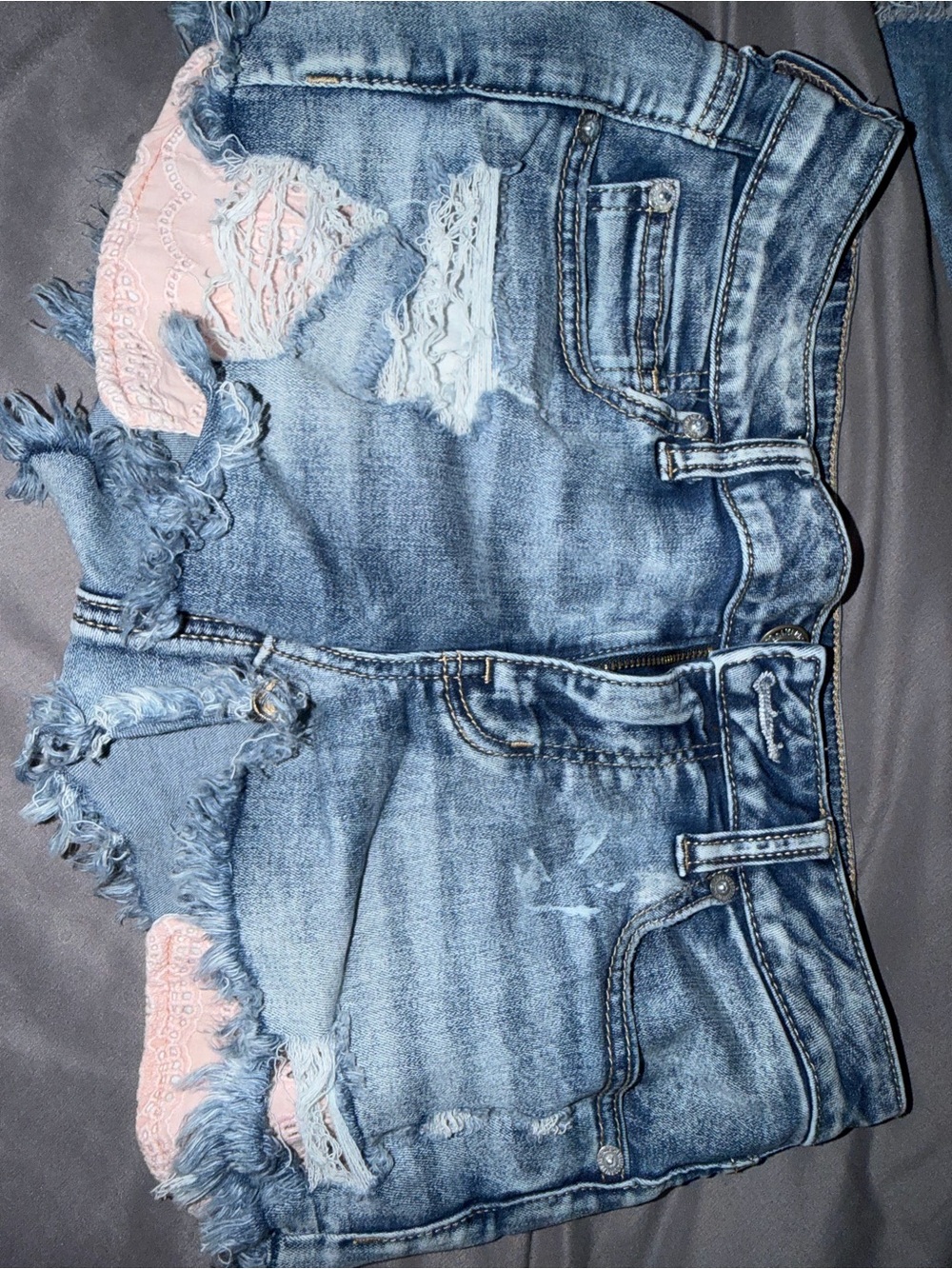American Eagle Outfitters Distressed Light Blue Denim Shorts with Pink Panel